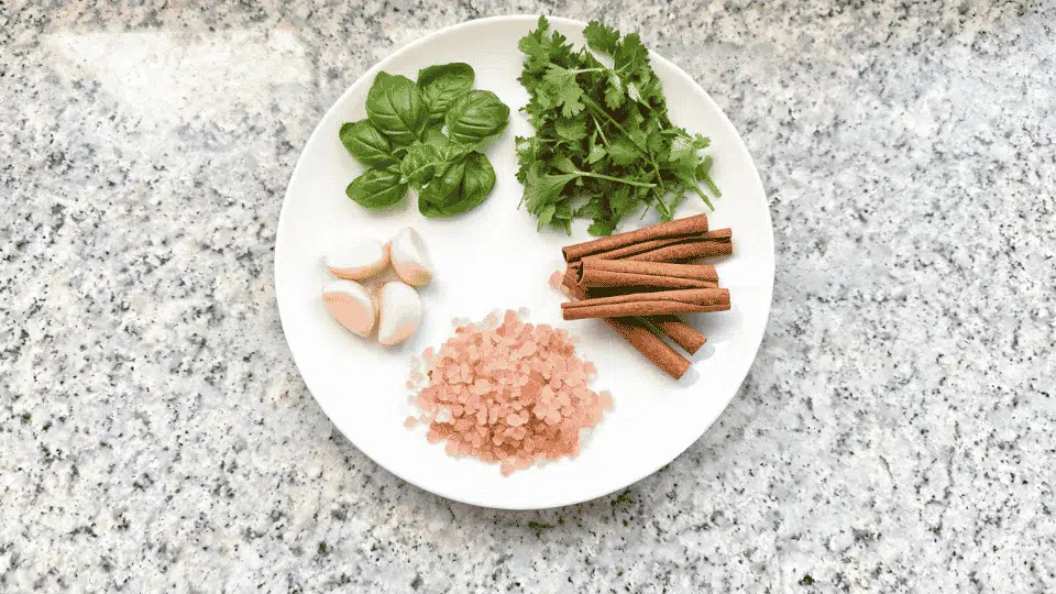 plate of labeled herbs, garlic, cinnamon, and pink himalayan salt on a granite counter