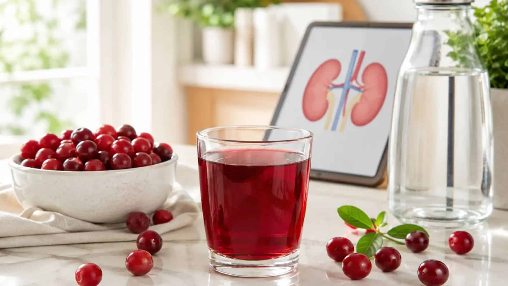 glass of cranberry juice with fresh cranberries, water bottle, and kidney health tablet display