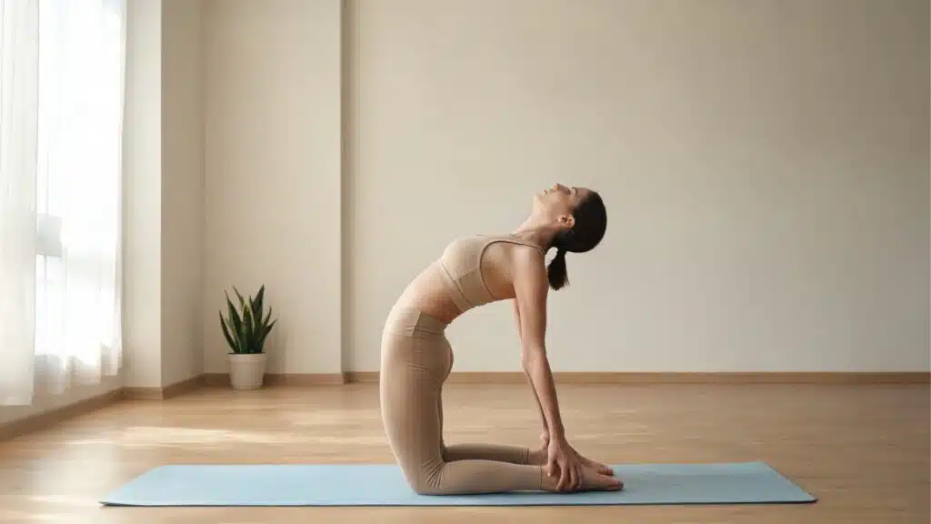 practice full camel pose with hands on the heels, chest lifted, and hips stacked over the knees