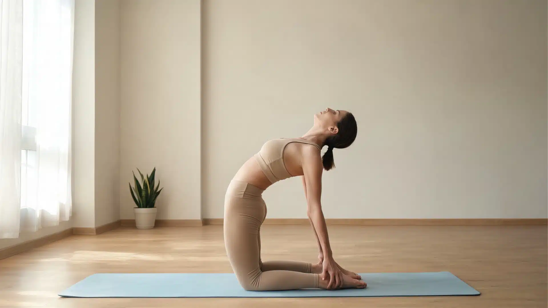 practice full camel pose with hands on the heels, chest lifted, and hips stacked over the knees