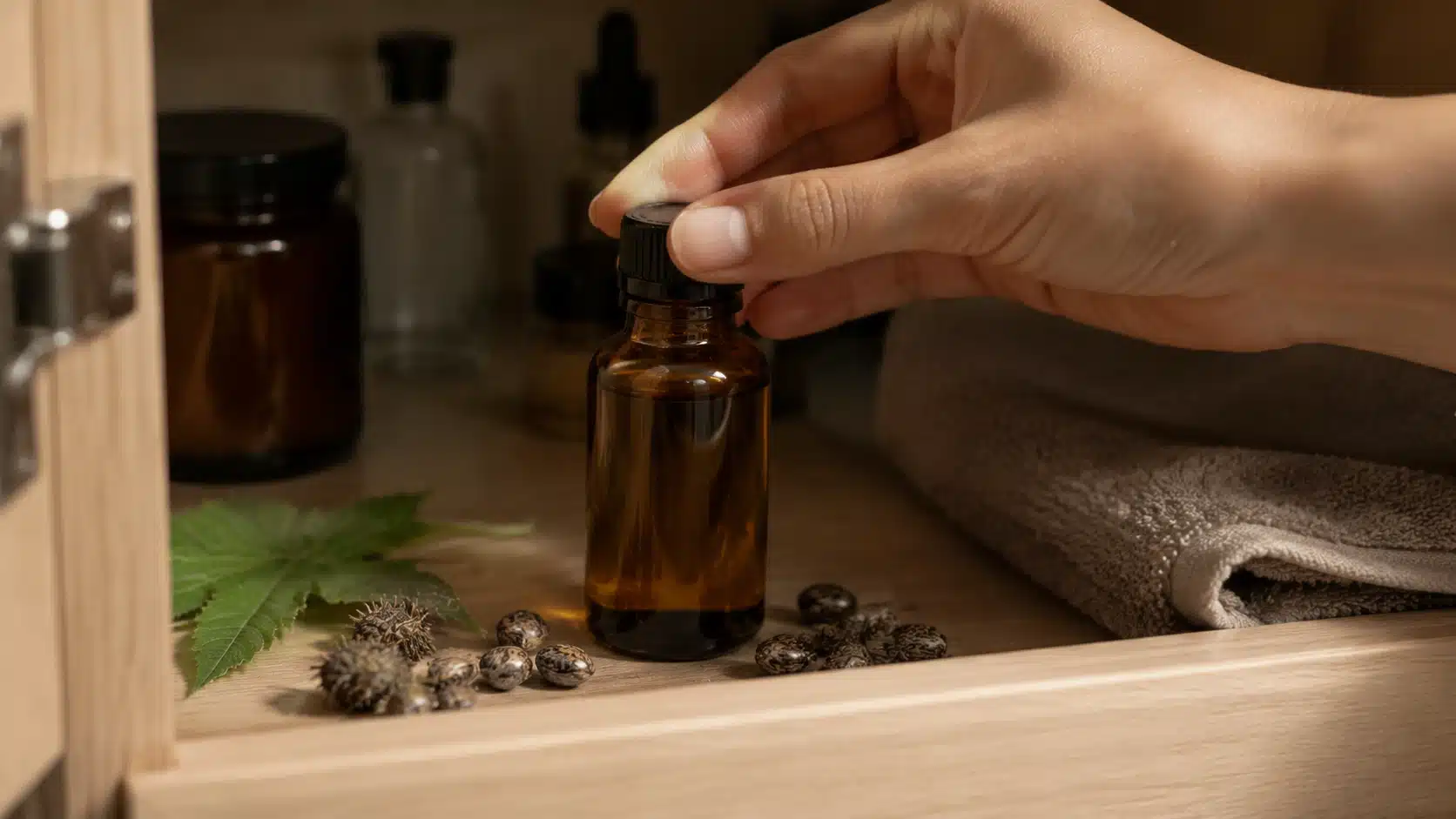 hand sealing castor oil on face bottle
