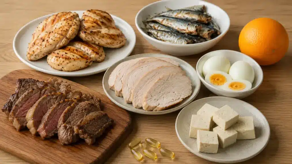 colorful assortment of collagen-rich foods including meats fruits vegetables and nuts beautifully arranged