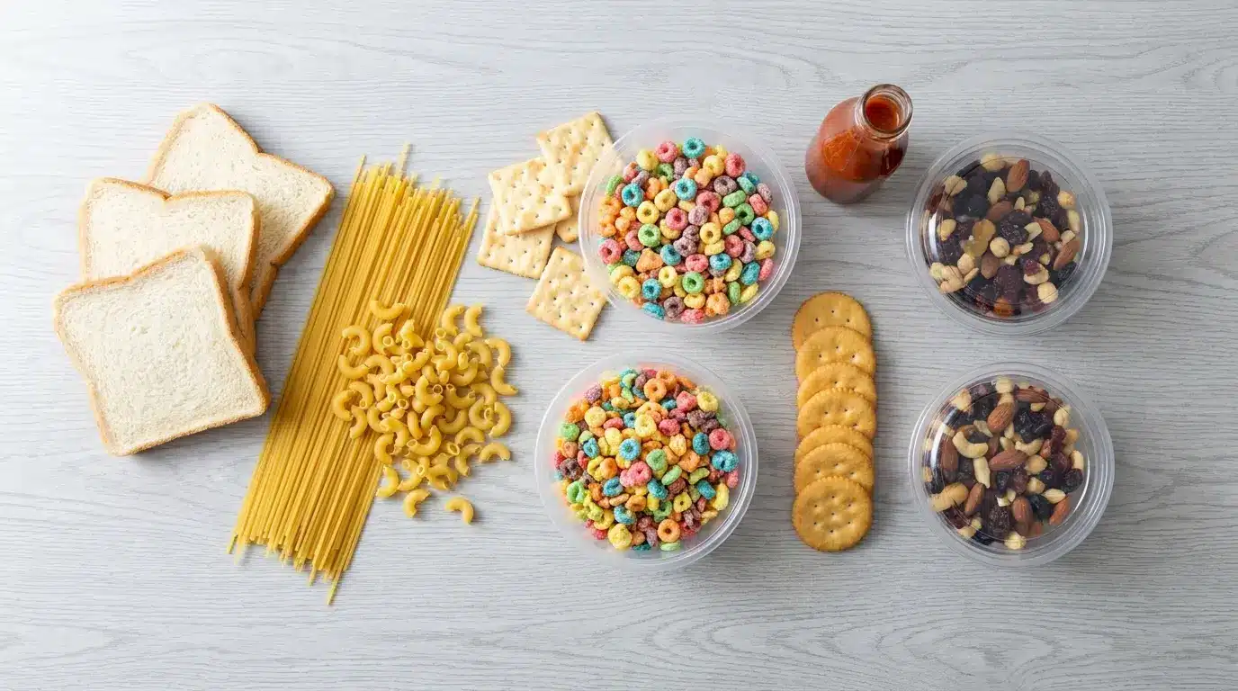 refined carbs and processed snacks arranged on a neutral kitchen surface