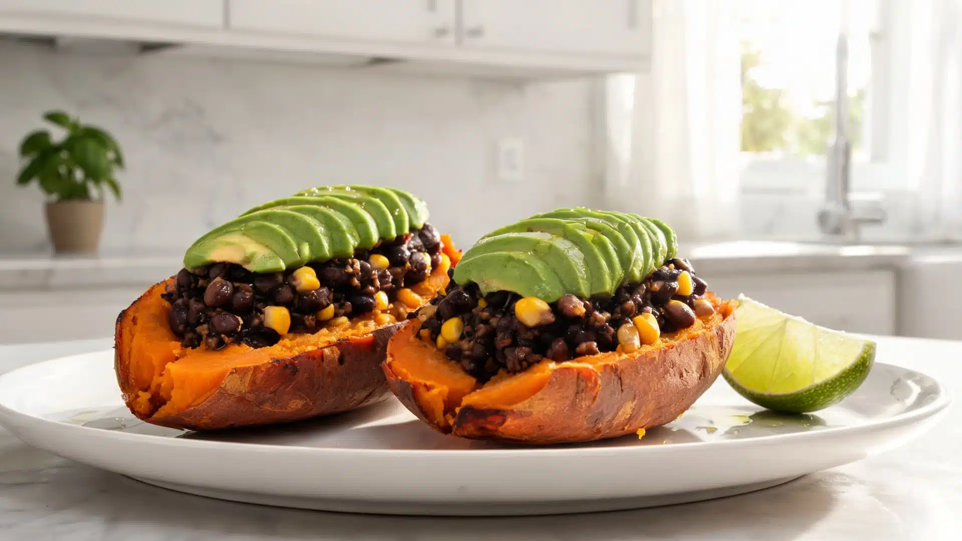roasted sweet potatoes stuffed with black beans corn and topped with avocado slices served on white plate in bright kitchen light
