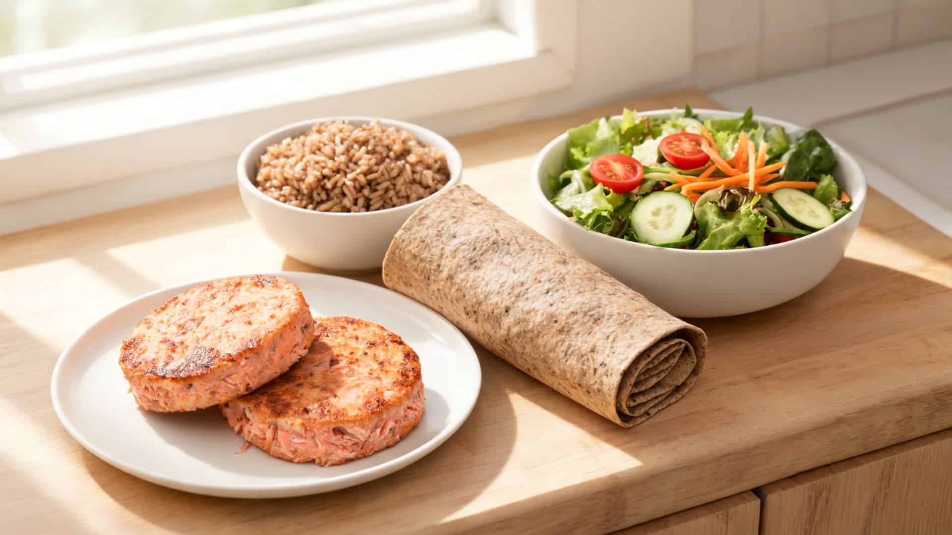 salmon patties with brown rice, fresh salad, and a whole grain wrap on a sunlit wooden kitchen board