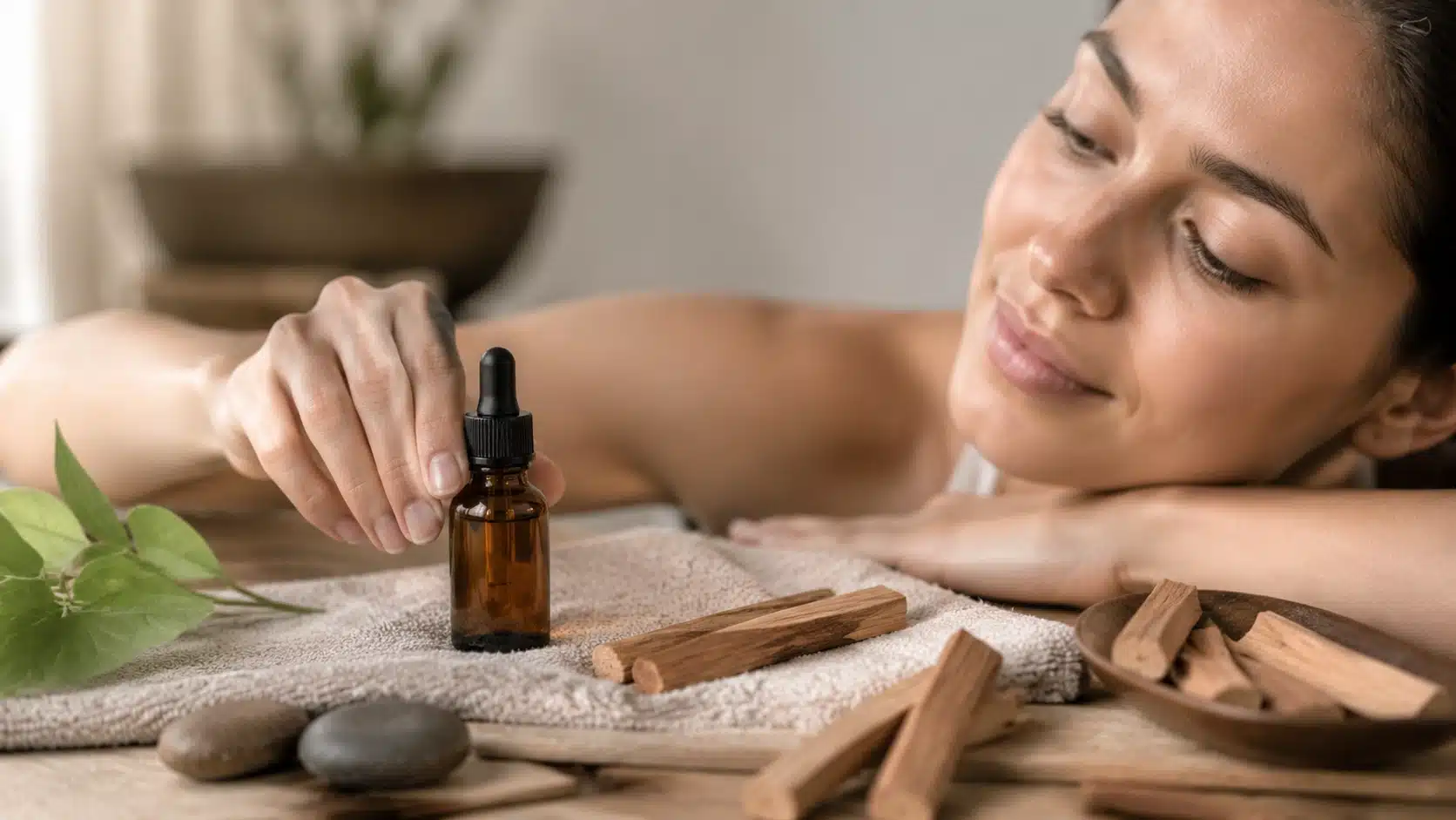 woman holding sandalwood oil for skin bottle