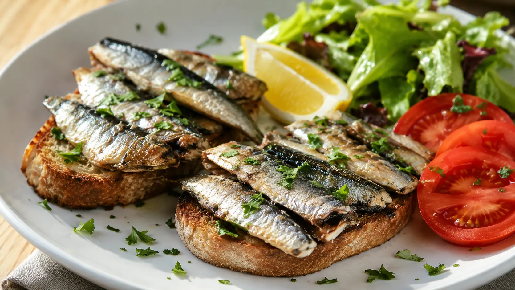 sardines served on bread with lemon, sliced tomatoes, parsley, and a light salad (1)