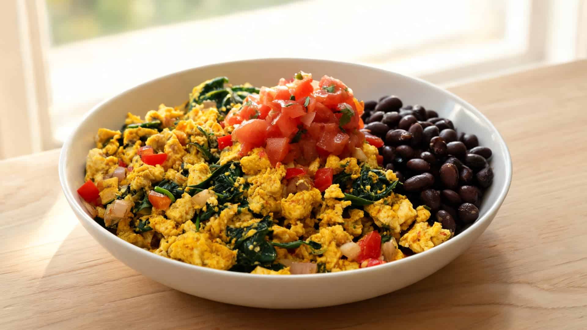 savory tofu scramble bowl with spinach, peppers, salsa and black beans on a sunny wooden table