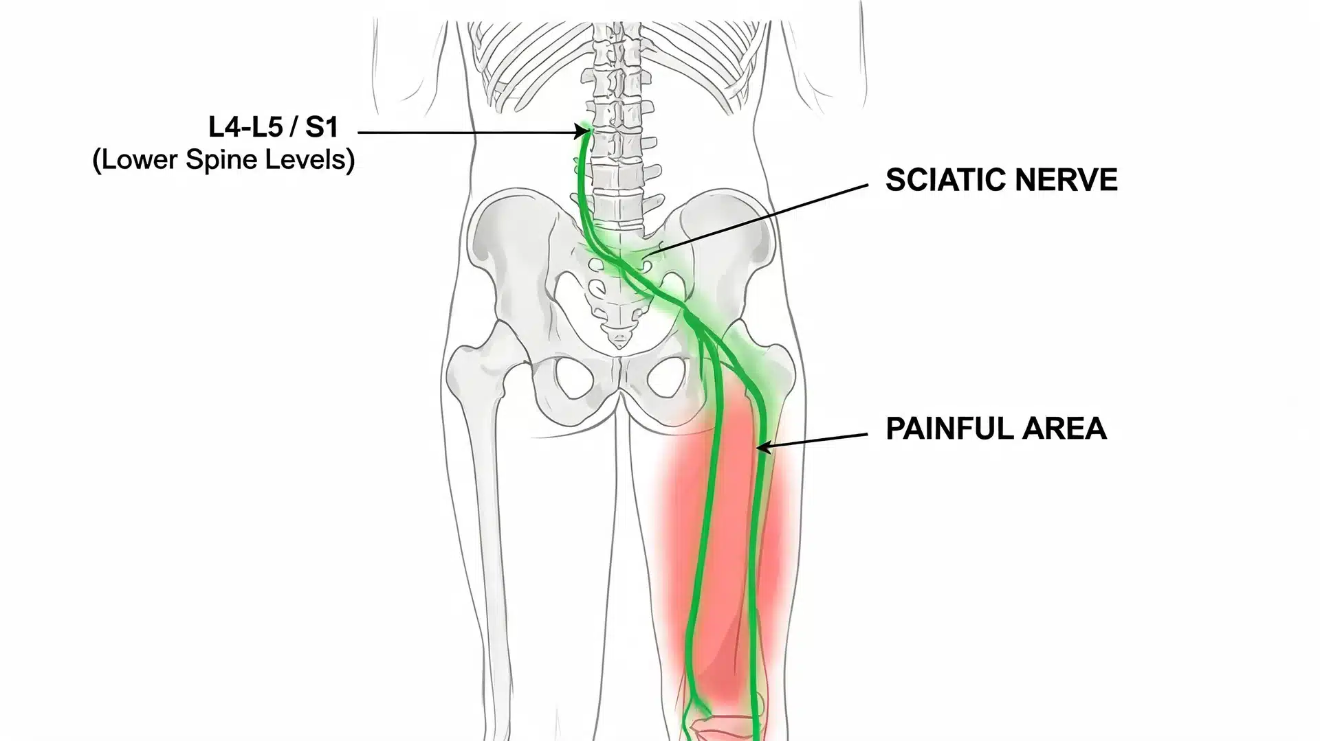 sciatic nerve diagram showing pain from the l4 l5 s1 spine area down the leg