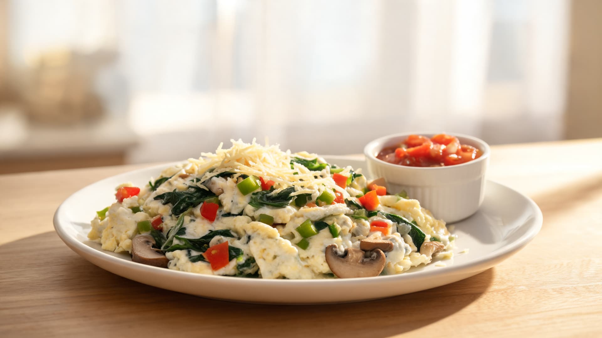 scrambled eggs with spinach, mushrooms, peppers, cheese and salsa on a bright wooden table