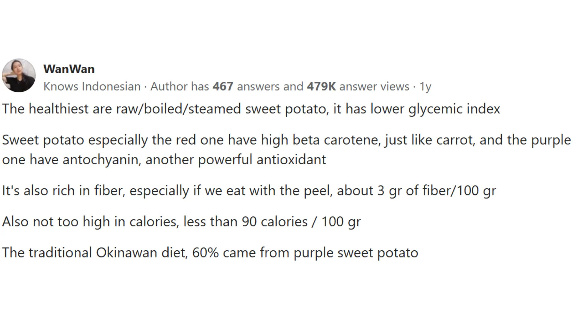 screenshot of quora discussion highlights the health benefits of raw, boiled, or steamed sweet potatoes, including fiber, antioxidants, and low calories
