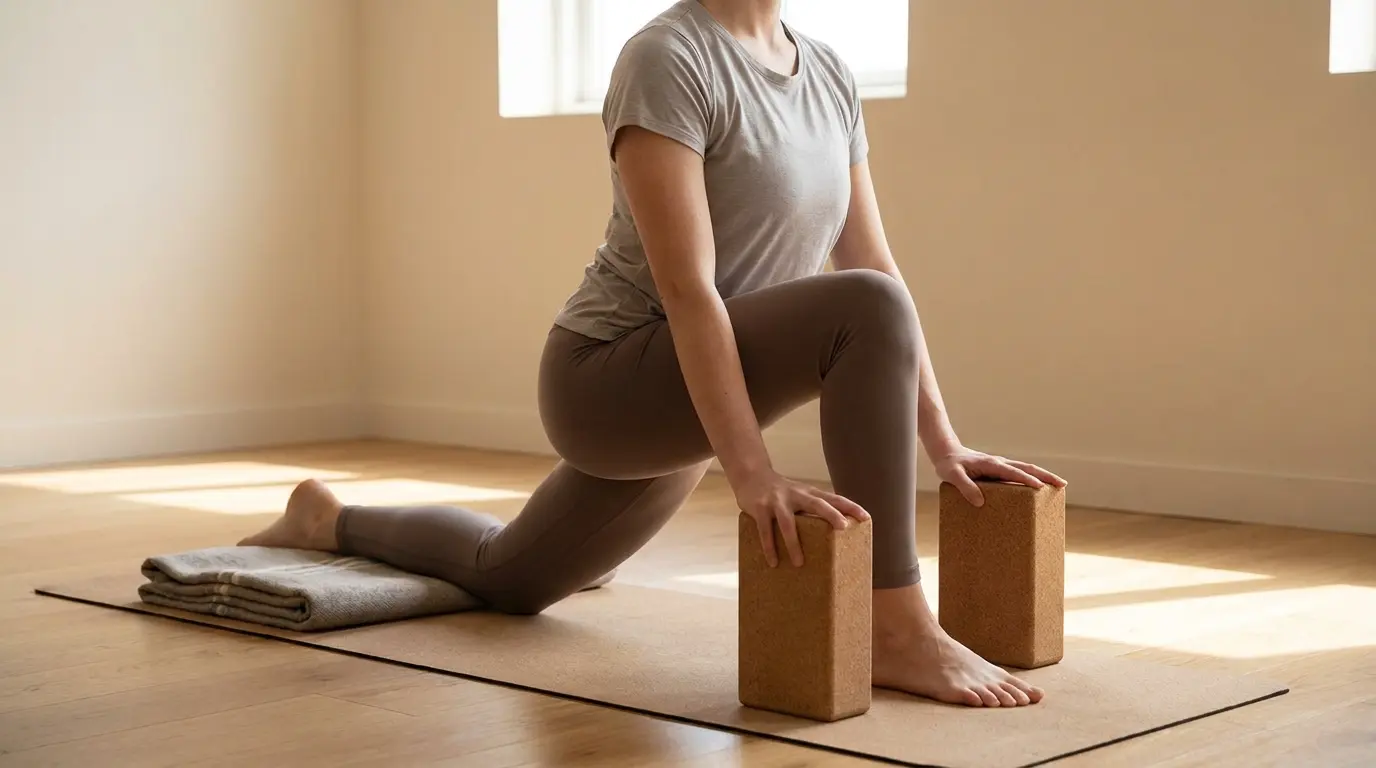 short stance low lunge with gentle hip stretch and hands supported near the front foot