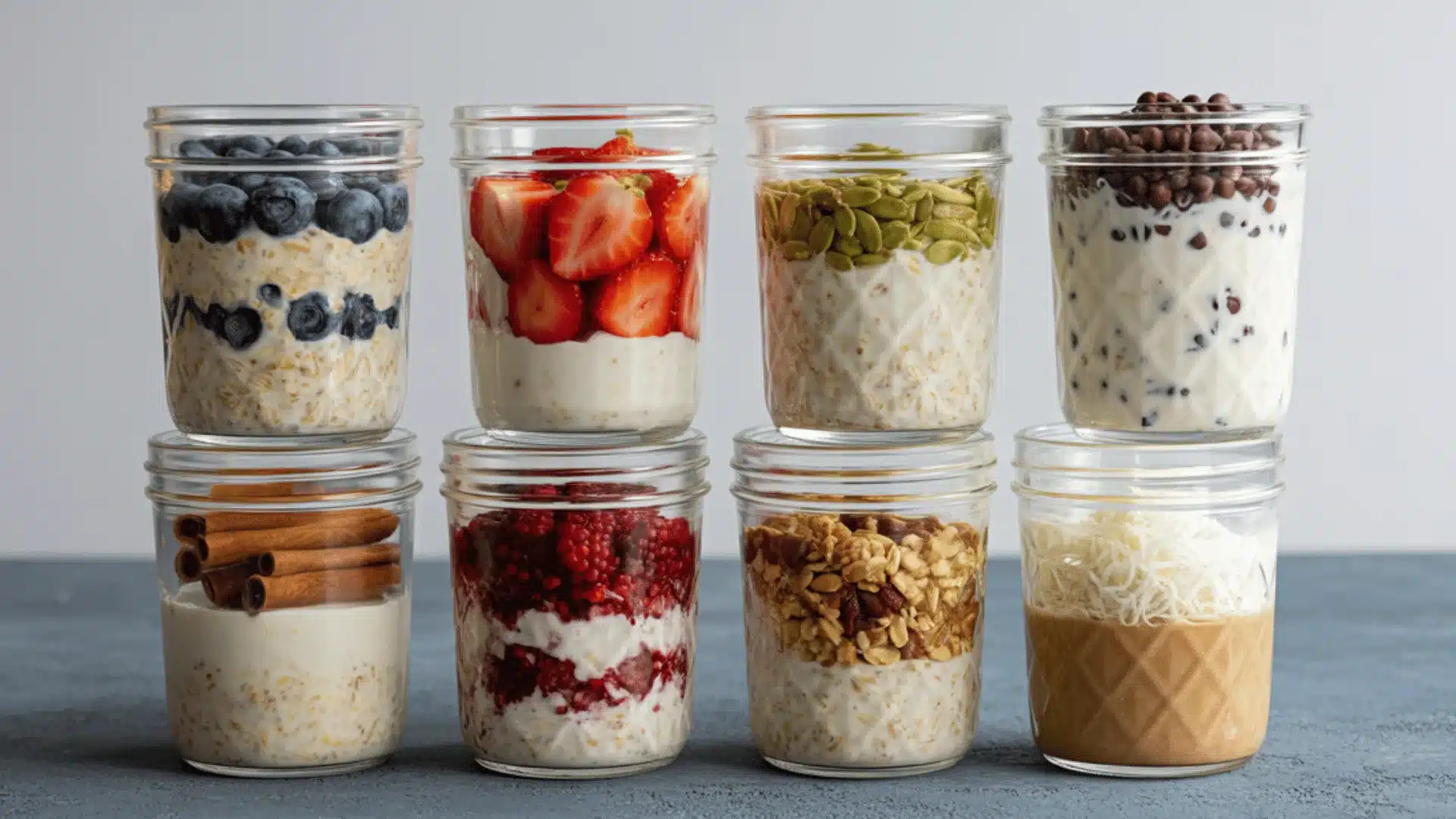 shot of eight overnight oats jars arranged in two rows on a gray textured surface against a light gray background