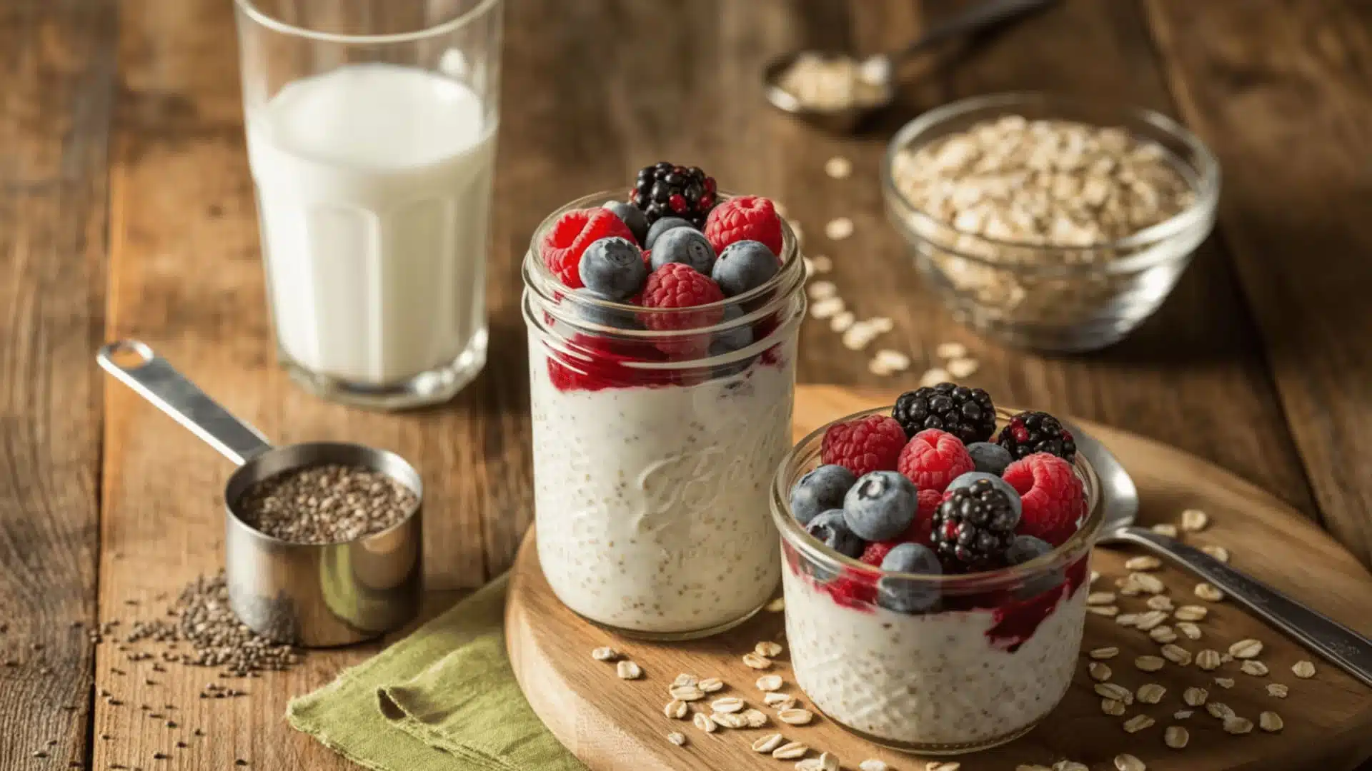 shot of overnight oats on a rustic wooden table. In the center, a glass mason jar filled with creamy white yogurt