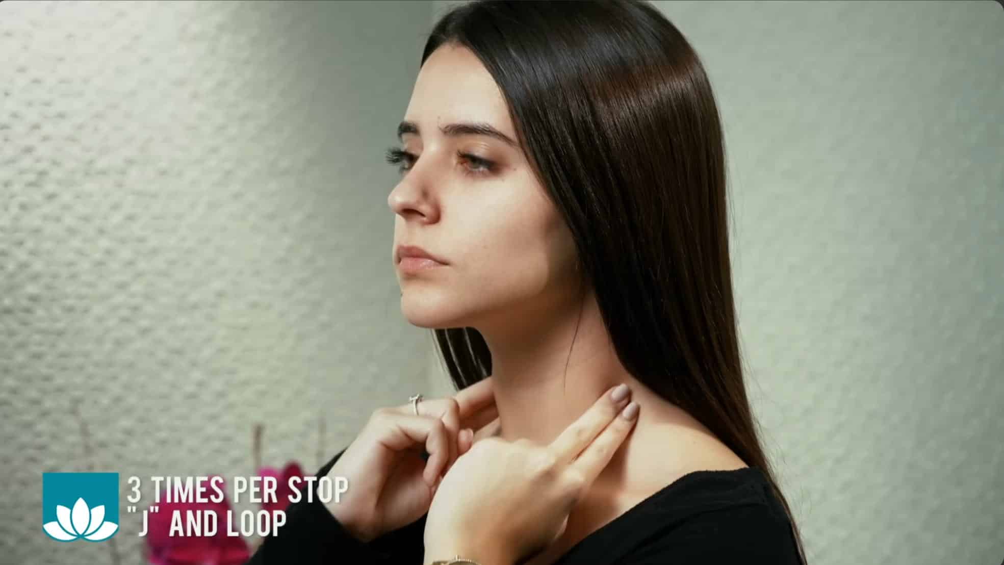 side profile woman performing lymphatic drainage neck and jaw massage technique hands placement