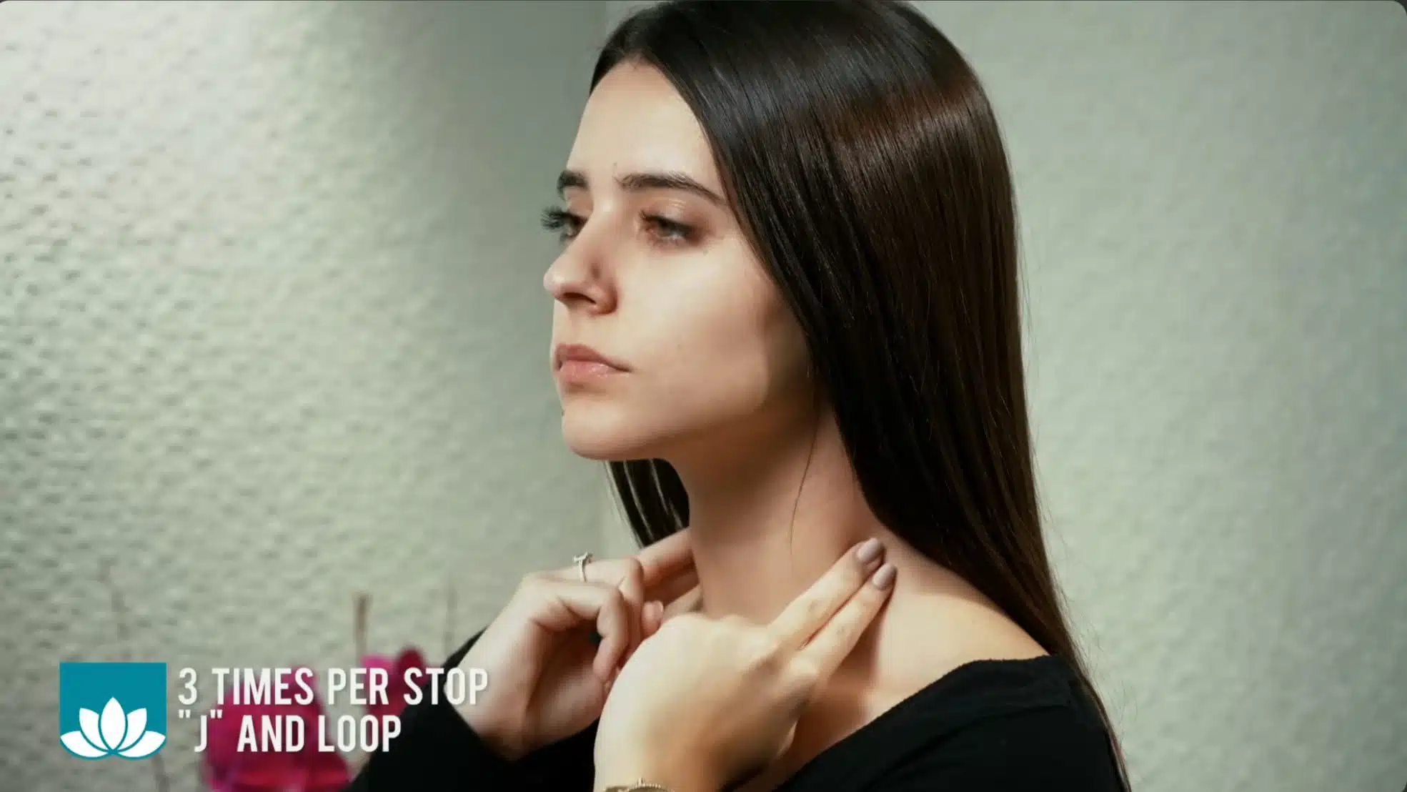 side profile woman performing lymphatic drainage neck and jaw massage technique hands placement