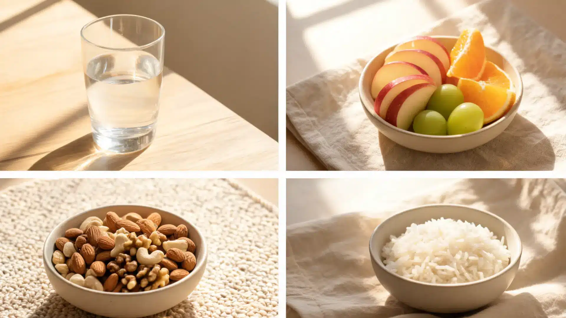 simple fasting foods with water, fruits, nuts, and dairy on a table