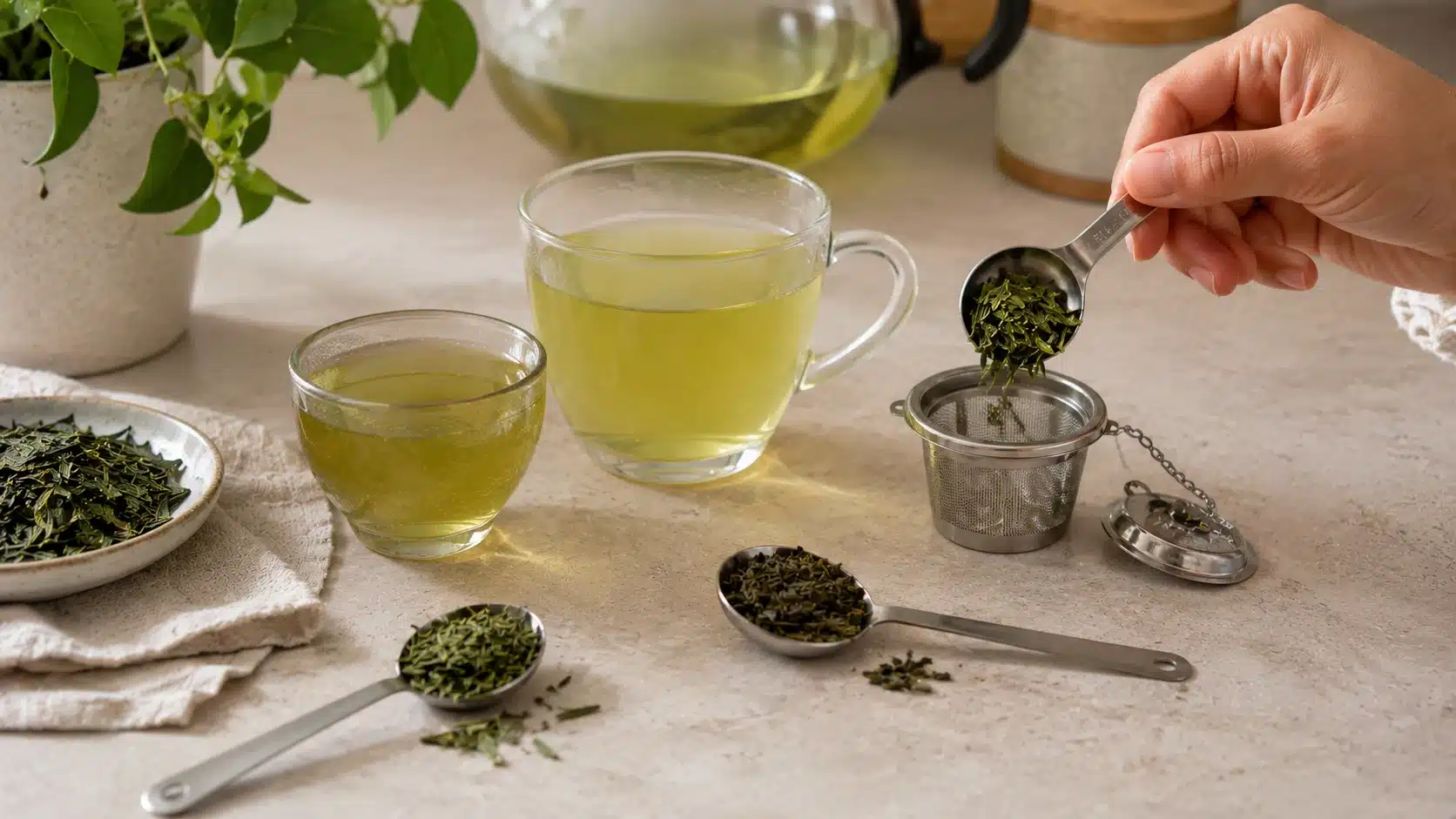 small and large green tea cups with measured tea leaves showing serving size and leaf amount