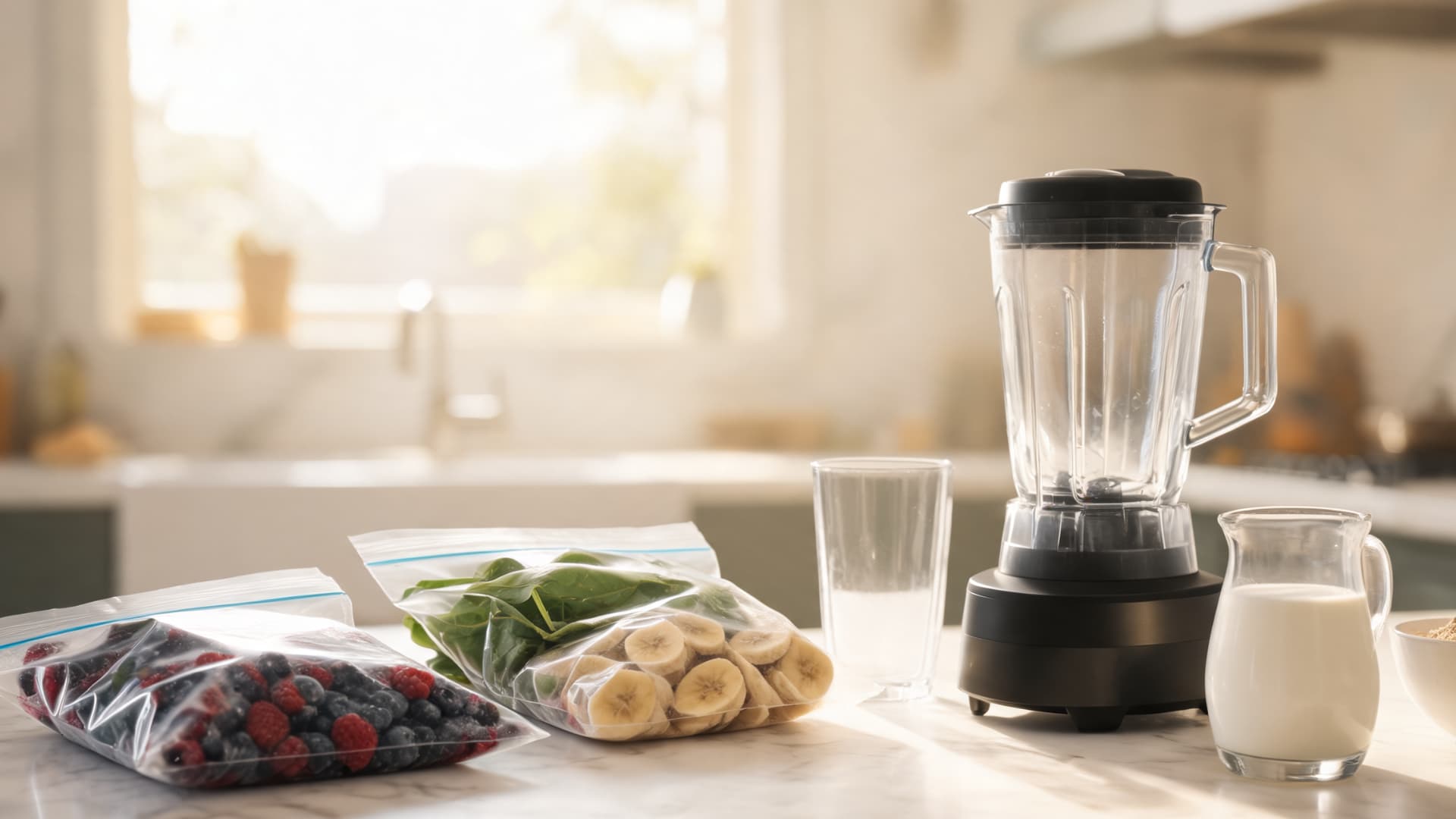 smoothie prep with blender, frozen berries, bananas, spinach, milk and protein powder on a bright kitchen counter