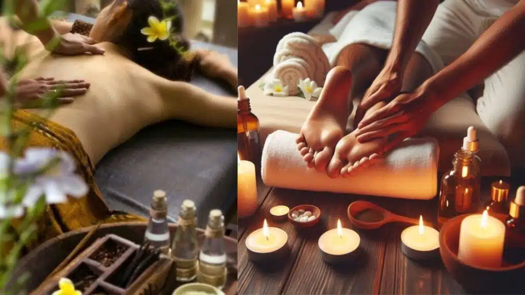 Spa massage collage showing full-body aromatherapy and reflexology treatments with candles, oils, and relaxation spa settings