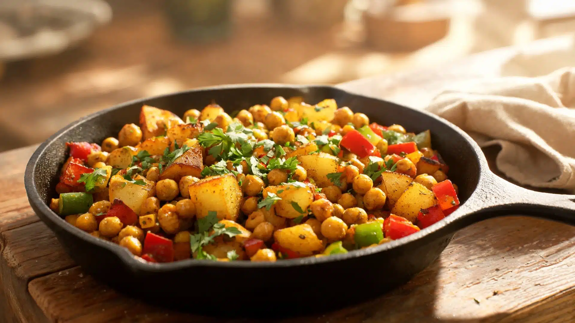 spiced chickpea and potato skillet cooked with bell peppers and herbs served in rustic pan with warm lighting and fresh garnish