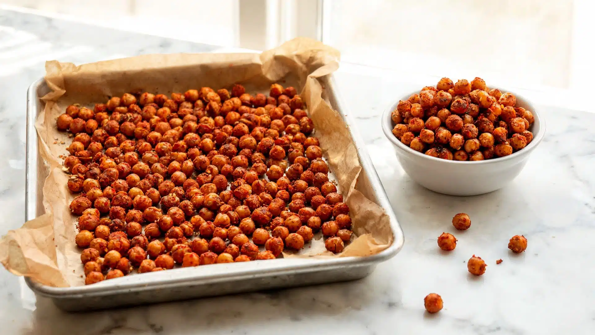 spiced roasted chickpeas on a baking tray with a bowl of crispy chickpea snacks nearby