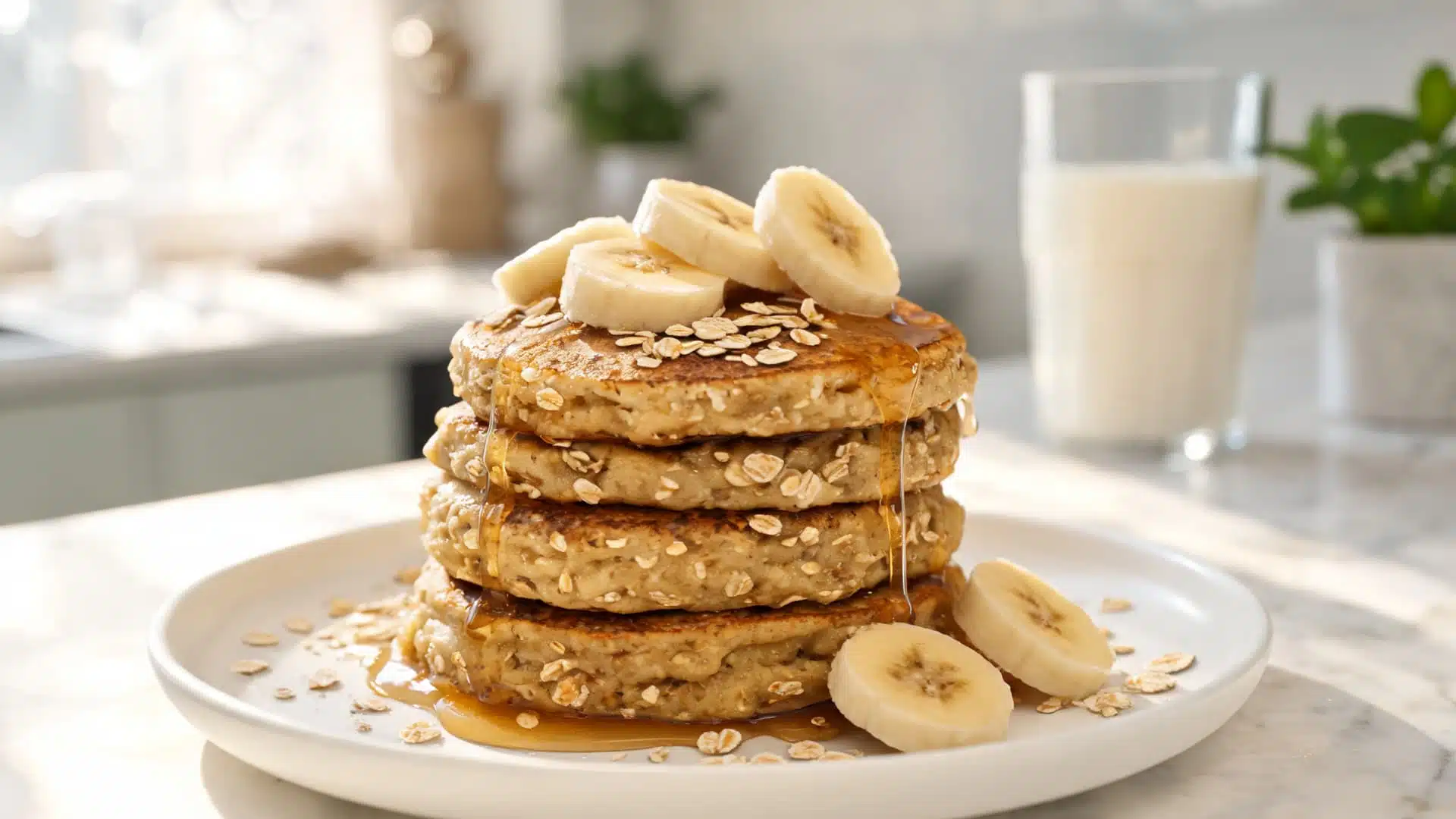 stack of oat pancakes topped with banana slices and maple syrup on plate with glass of milk in soft natural kitchen light (1)