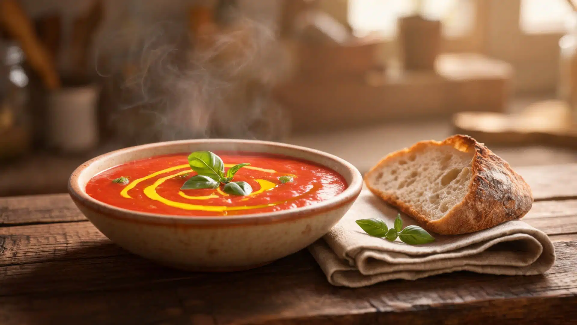 steaming bowl of tomato soup garnished with basil and olive oil swirl served with crusty bread on rustic wooden table warm kitchen light and soft steam rising