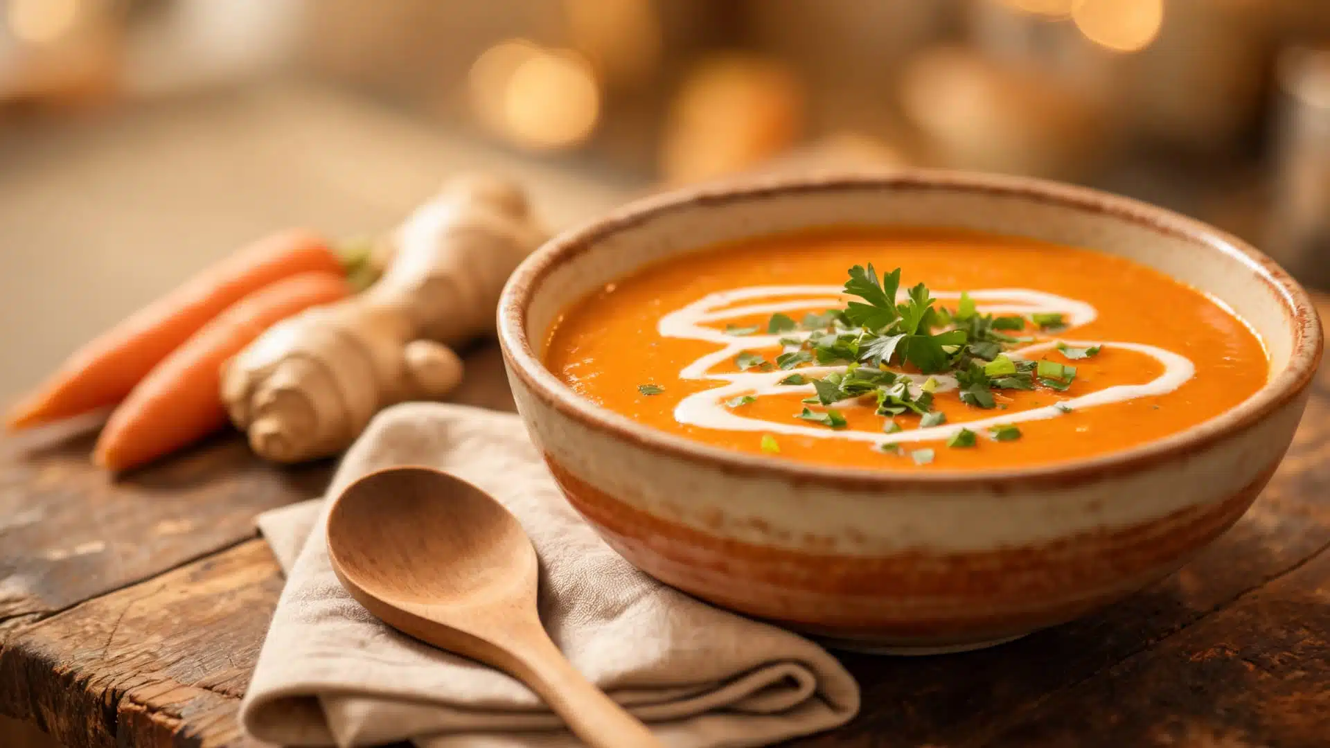 steaming carrot ginger soup garnished with herbs and cream swirl served in rustic bowl on wooden table warm cozy lighting