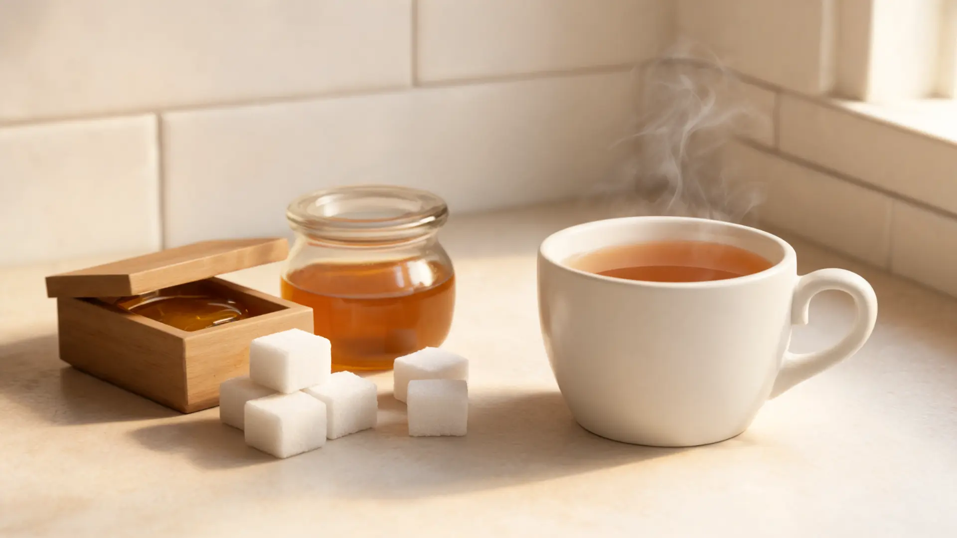 sugar, honey, and syrup beside tea showing fasting add-ins to avoid