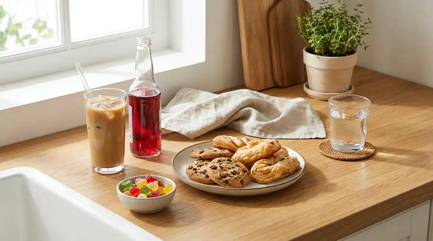 sugary drinks and sweet snacks on a clean kitchen counter with a glass of water nearby