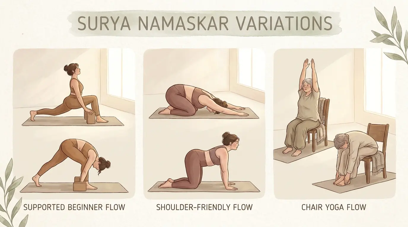 surya namaskar variations with supported mat poses chair yoga and shoulder friendly options for beginners