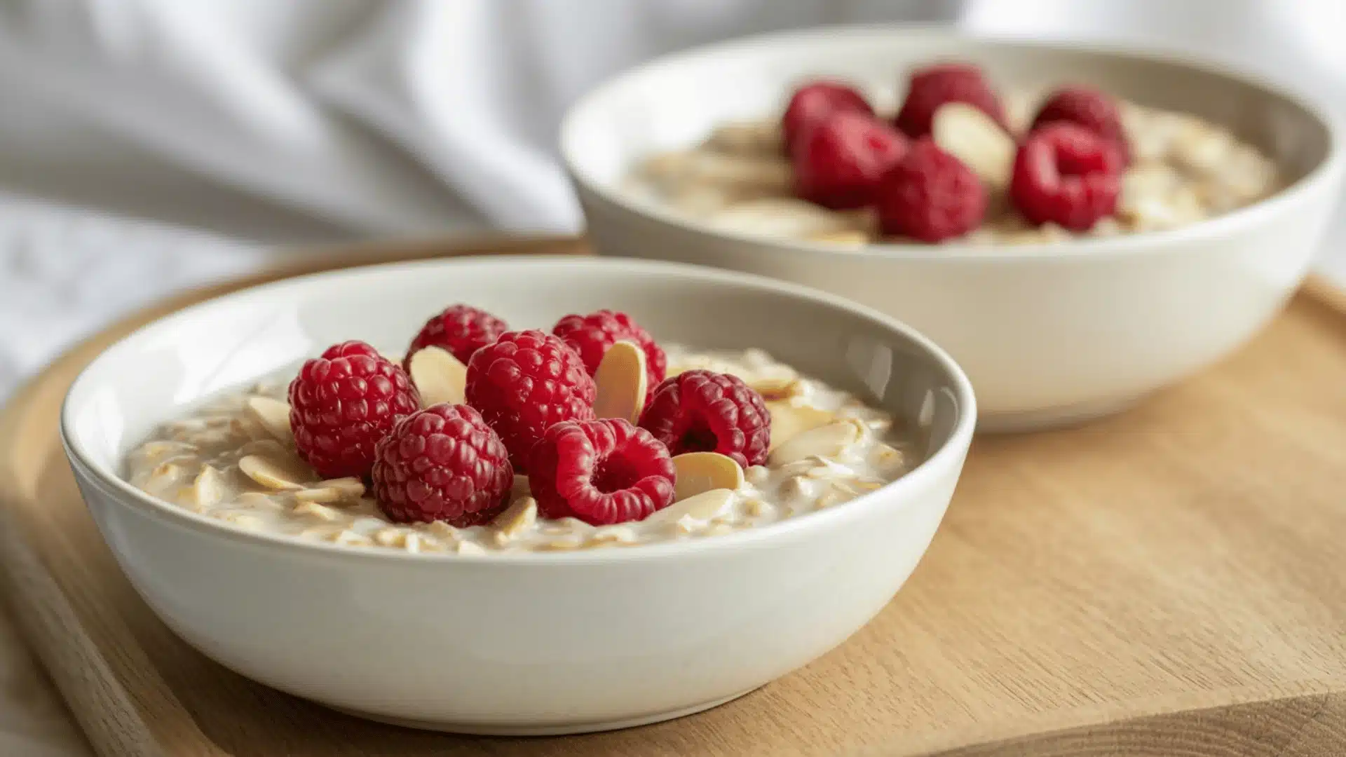 the front bowl is in sharp focus, showing fresh red raspberries and sliced white almonds floating in a creamy white liquid