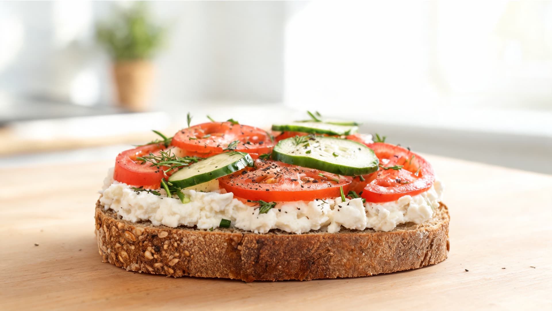 toast topped with creamy cottage cheese, tomato slices, cucumber, herbs and black pepper on a bright kitchen table