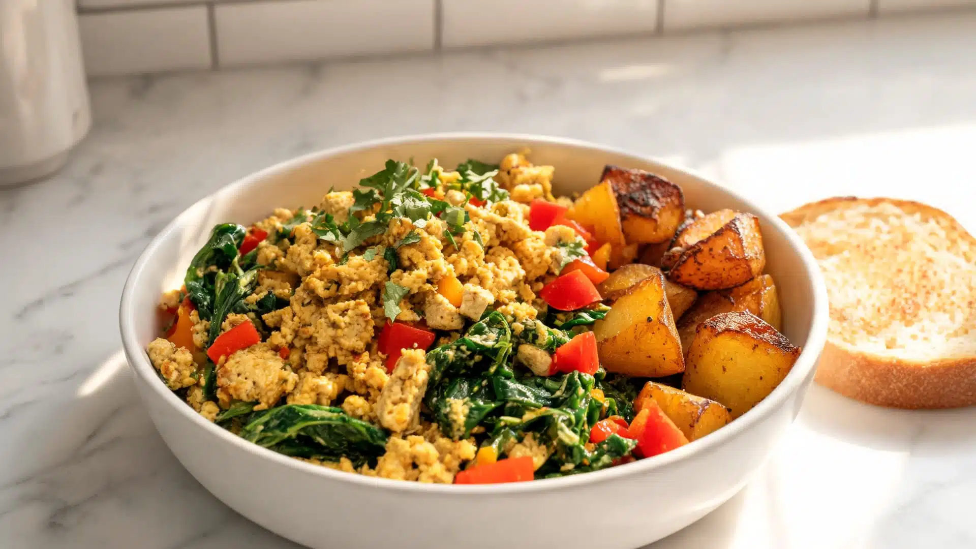 tofu scramble bowl with spinach peppers roasted potatoes cilantro and toast on the side