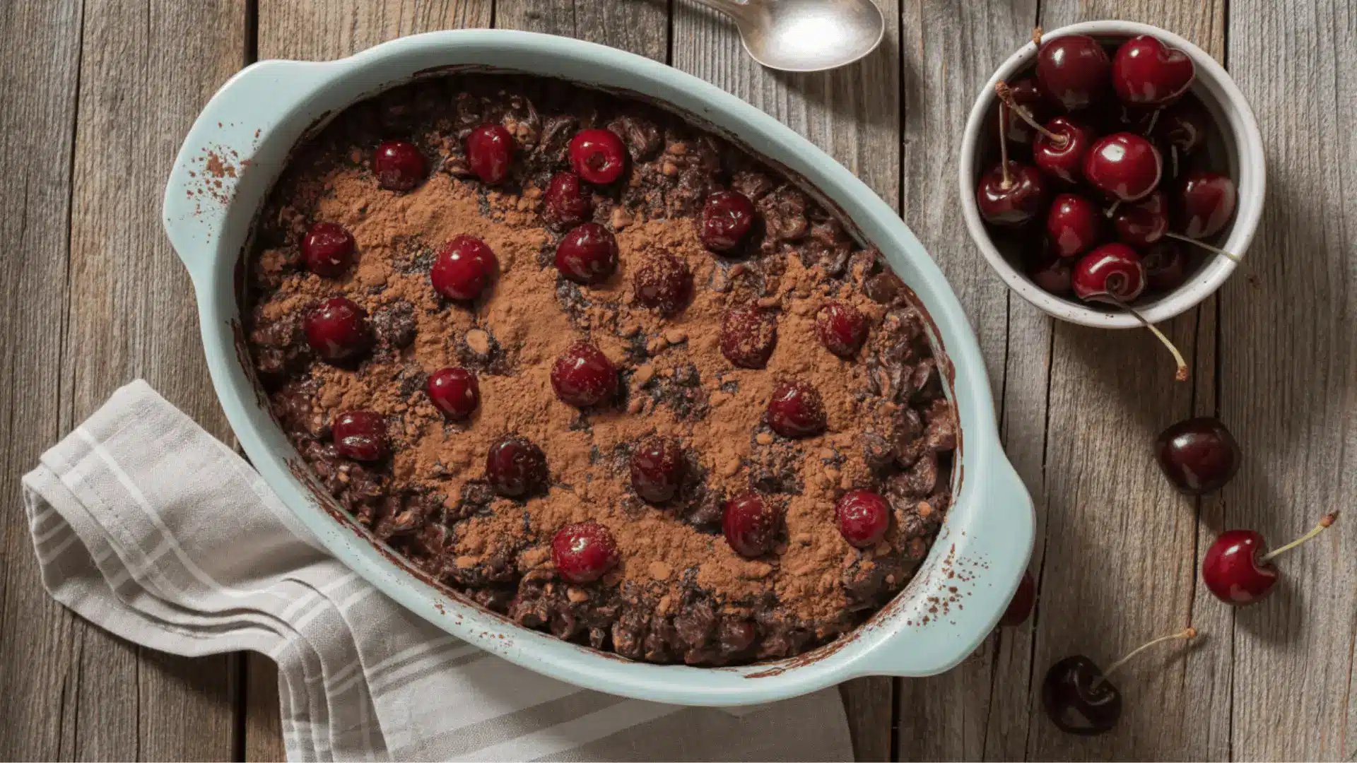 top-down view of a chocolate cherry baked oatmeal in a light blue oval ceramic baking dish on a rustic wooden table