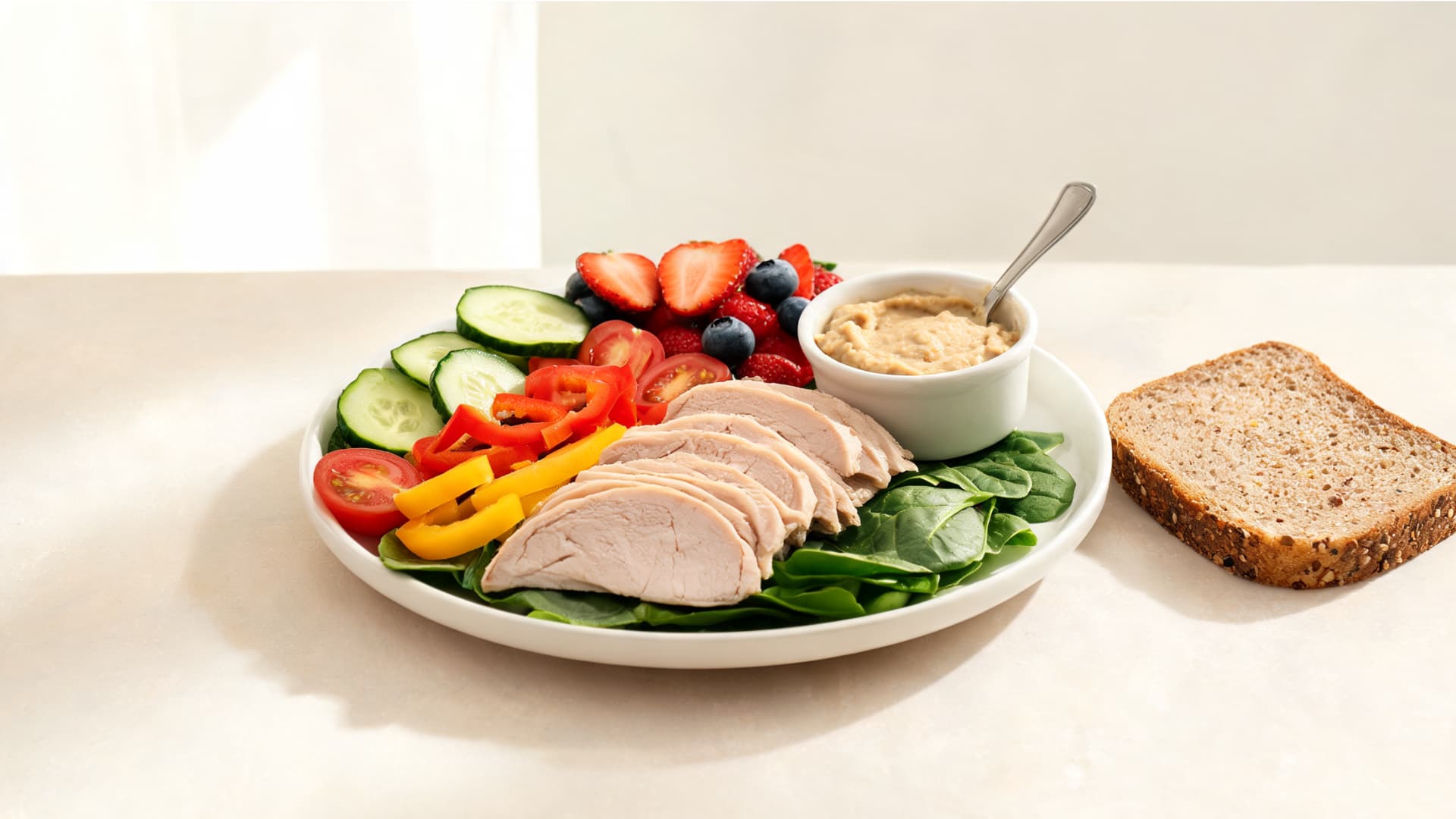 turkey snack plate with spinach, peppers, cucumber, berries, hummus and seeded toast on a bright counter