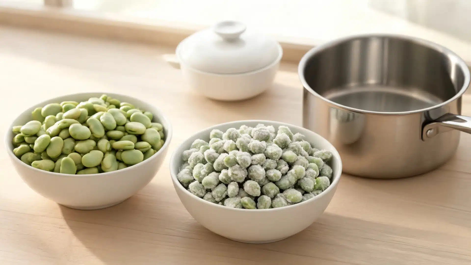 two bowls of broad beans, one fresh and one frozen, beside a cooking pot on a wooden counter