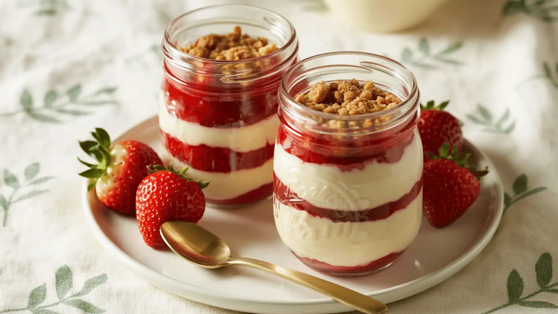 _two glass mason jars filled with layered strawberry dessert the dessert has distinct layers of creamy white vanilla pudding