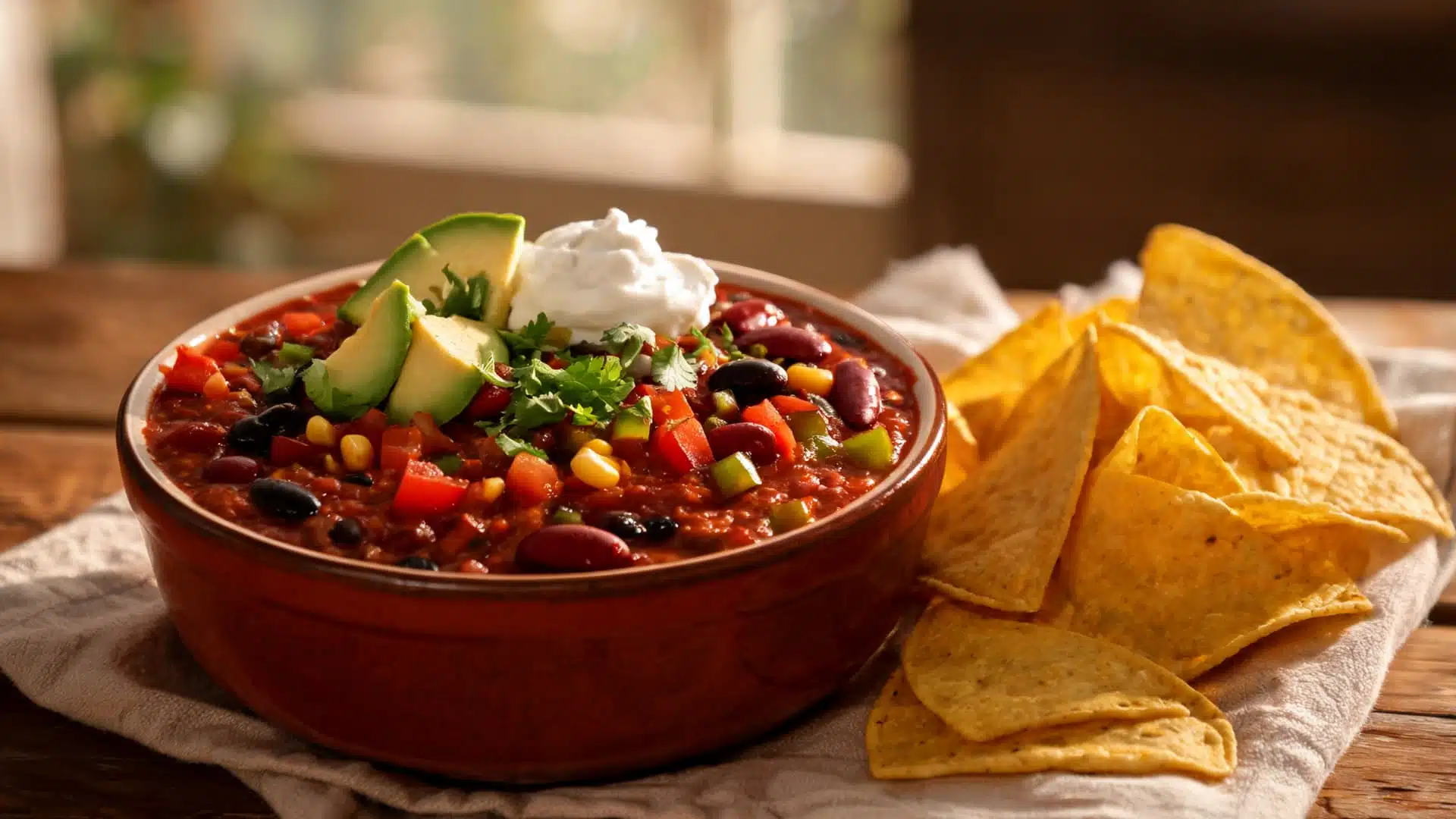 vegetarian chili with beans corn avocado sour cream cilantro and tortilla chips on a wooden table