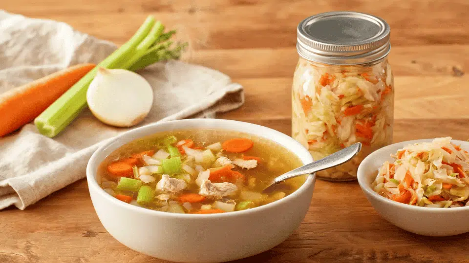 warm chicken soup with sauerkraut beside fresh vegetables on a wooden table