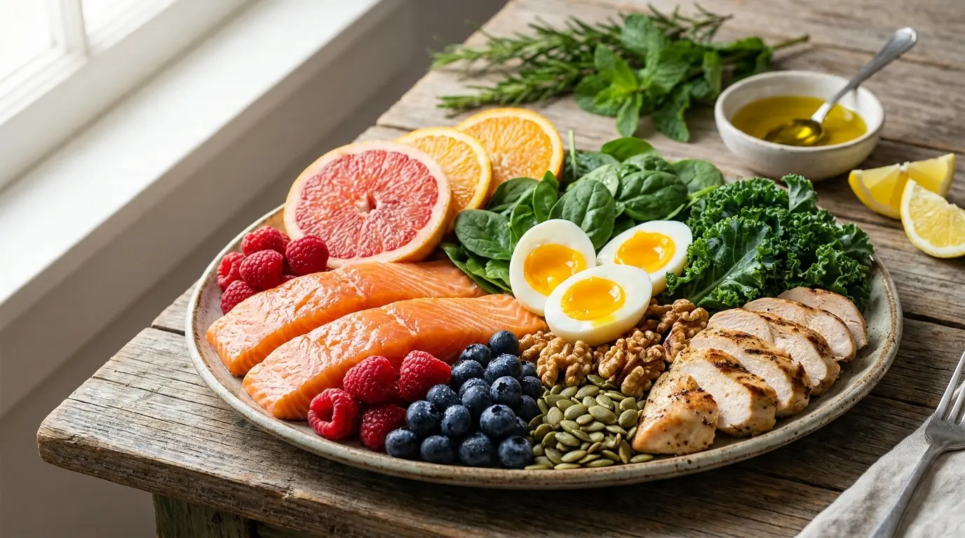 vibrant spread of collagen-supporting foods including citrus berries greens eggs nuts meats beautifully plated