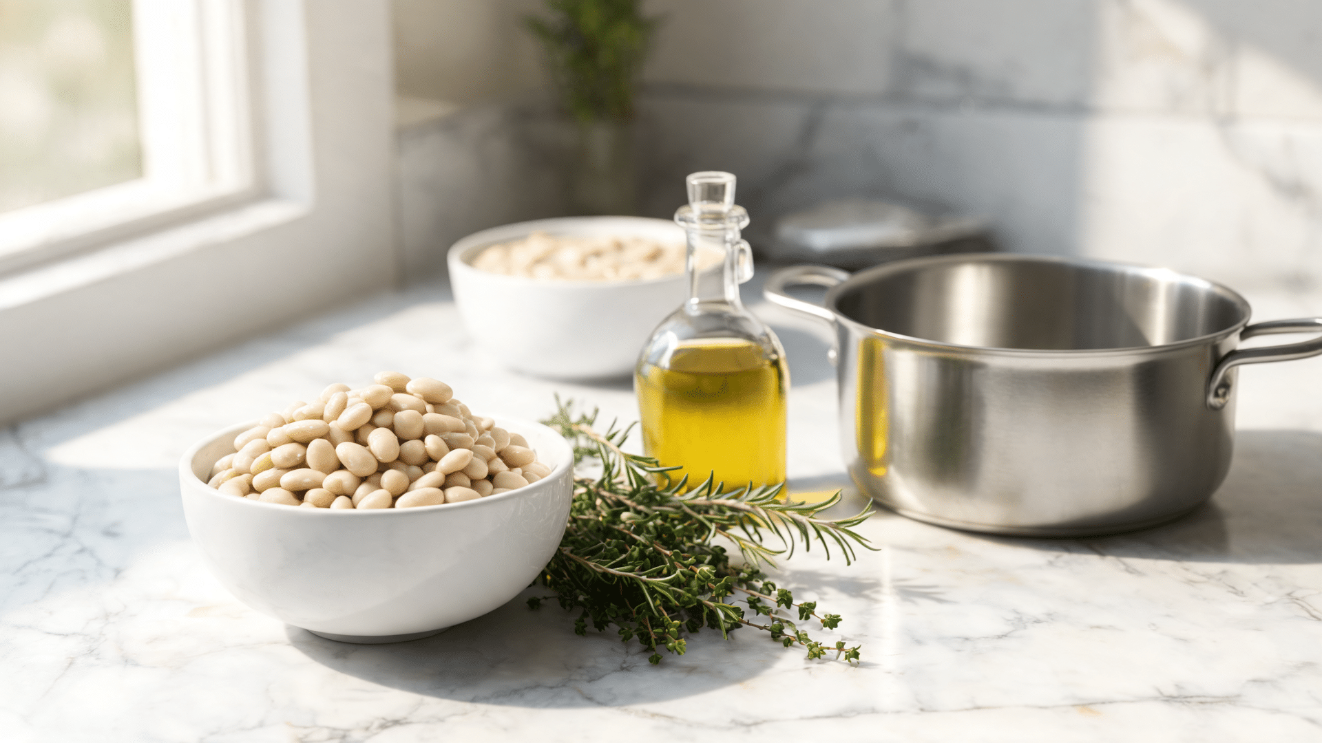 white beans in a bowl with fresh herbs, olive oil, and a cooking pot on a bright marble counter
