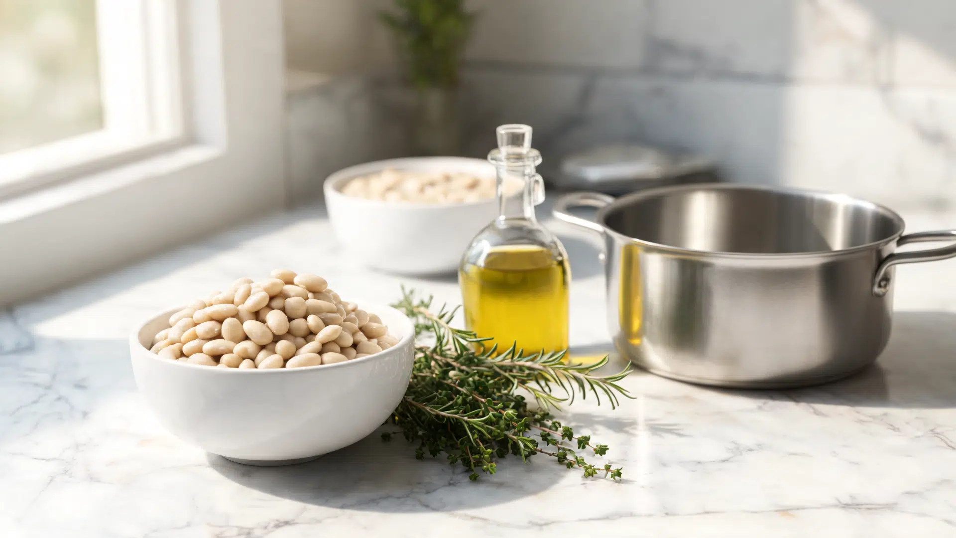 white beans in a bowl with fresh herbs, olive oil, and a cooking pot on a bright marble counter