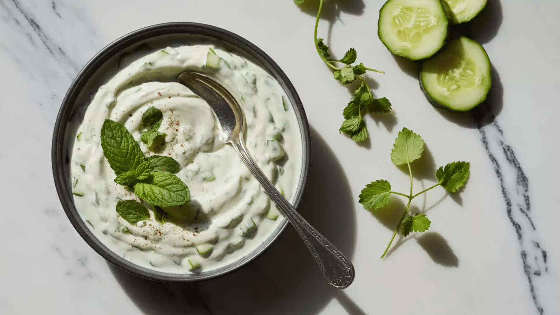 white ceramic bowl containing fresh cucumber slices arranged in a circular pattern around a center dollop of white creamy