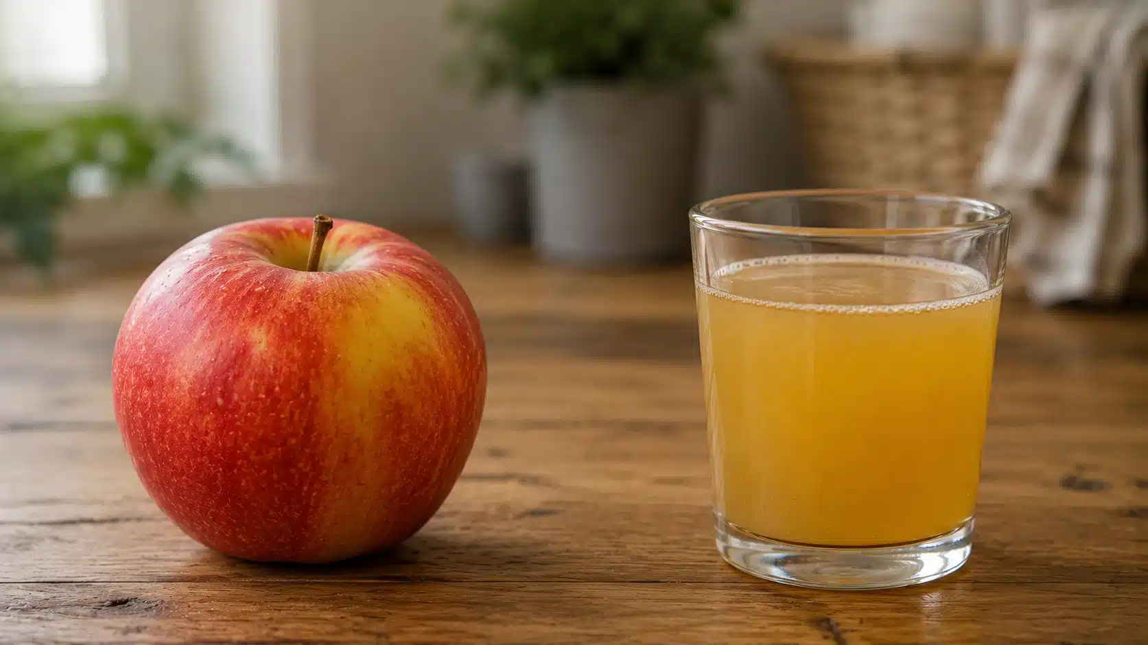 whole apple beside a small glass of apple juice showing a simple fruit versus juice comparison