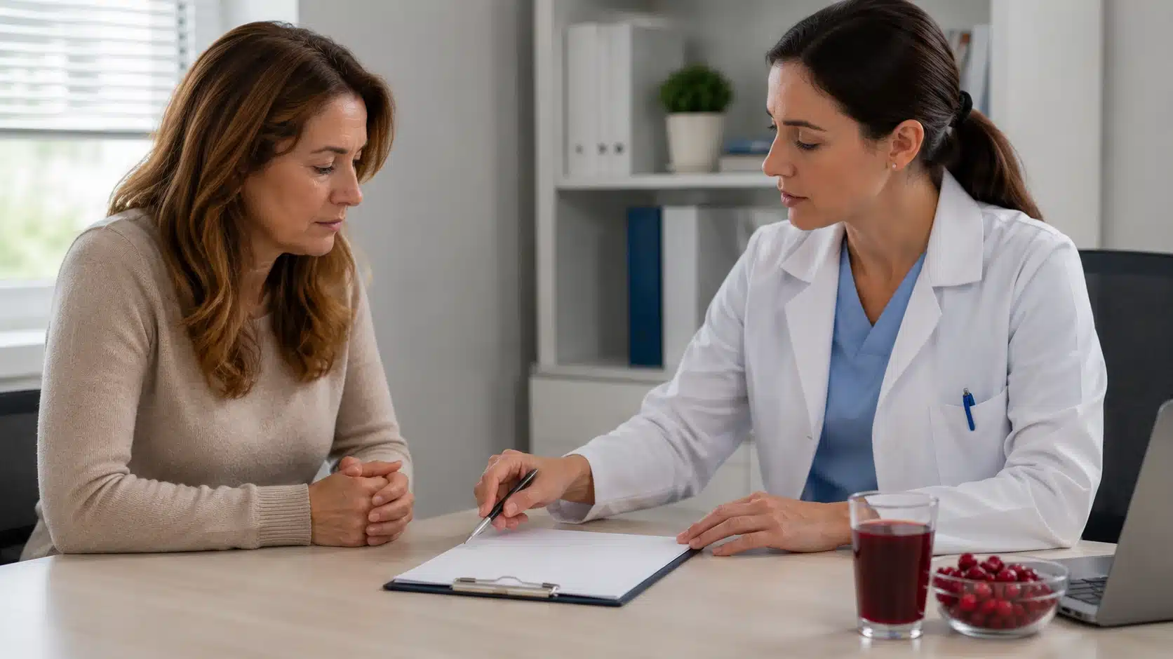 woman discussing cranberry juice and urinary health with clinician in clinic