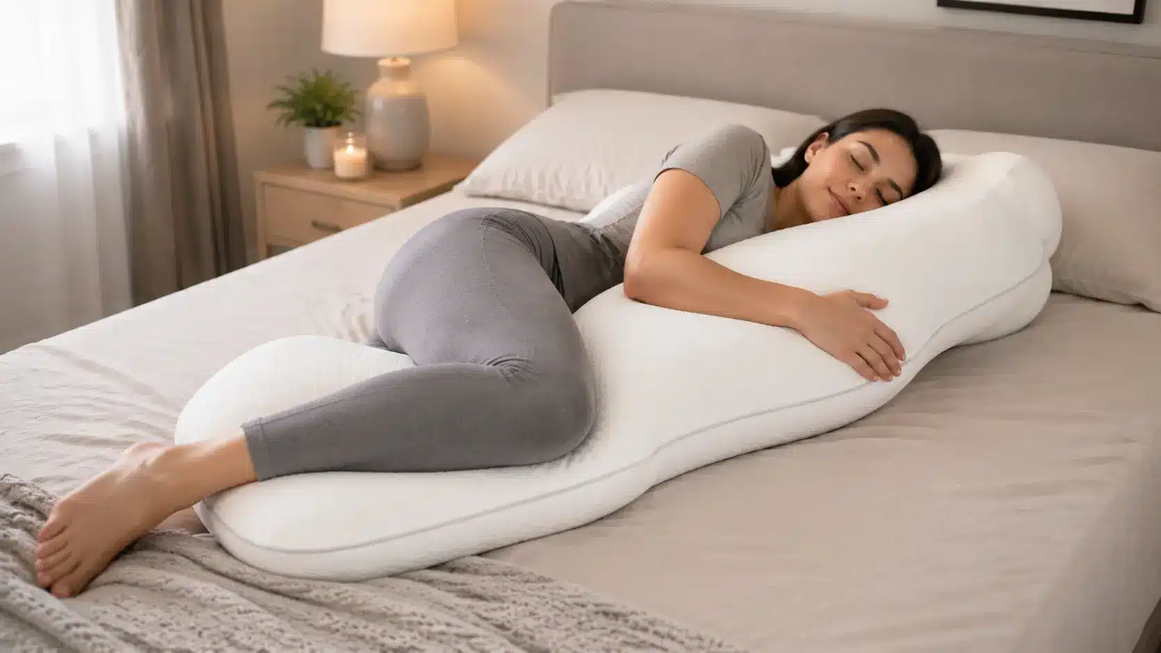 woman hugging a large ergonomic body pillow lying on her side pillow support