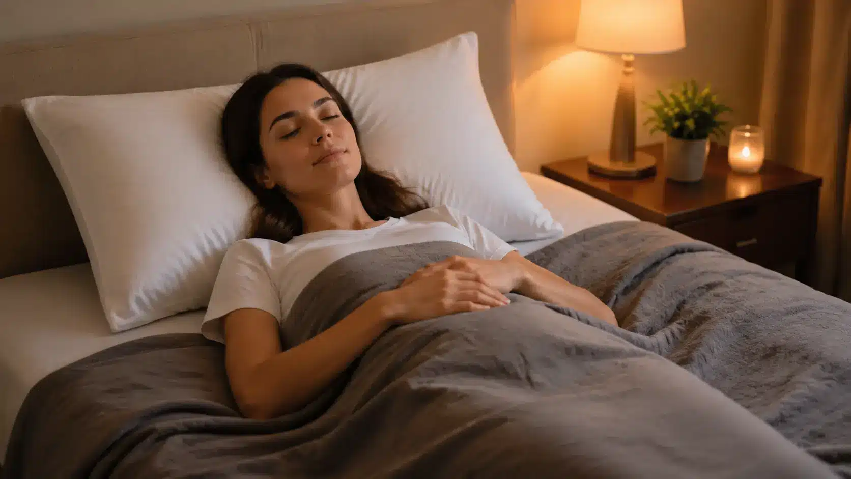 woman lying on her back in bed eyes closed white pillow gray blanket relaxed