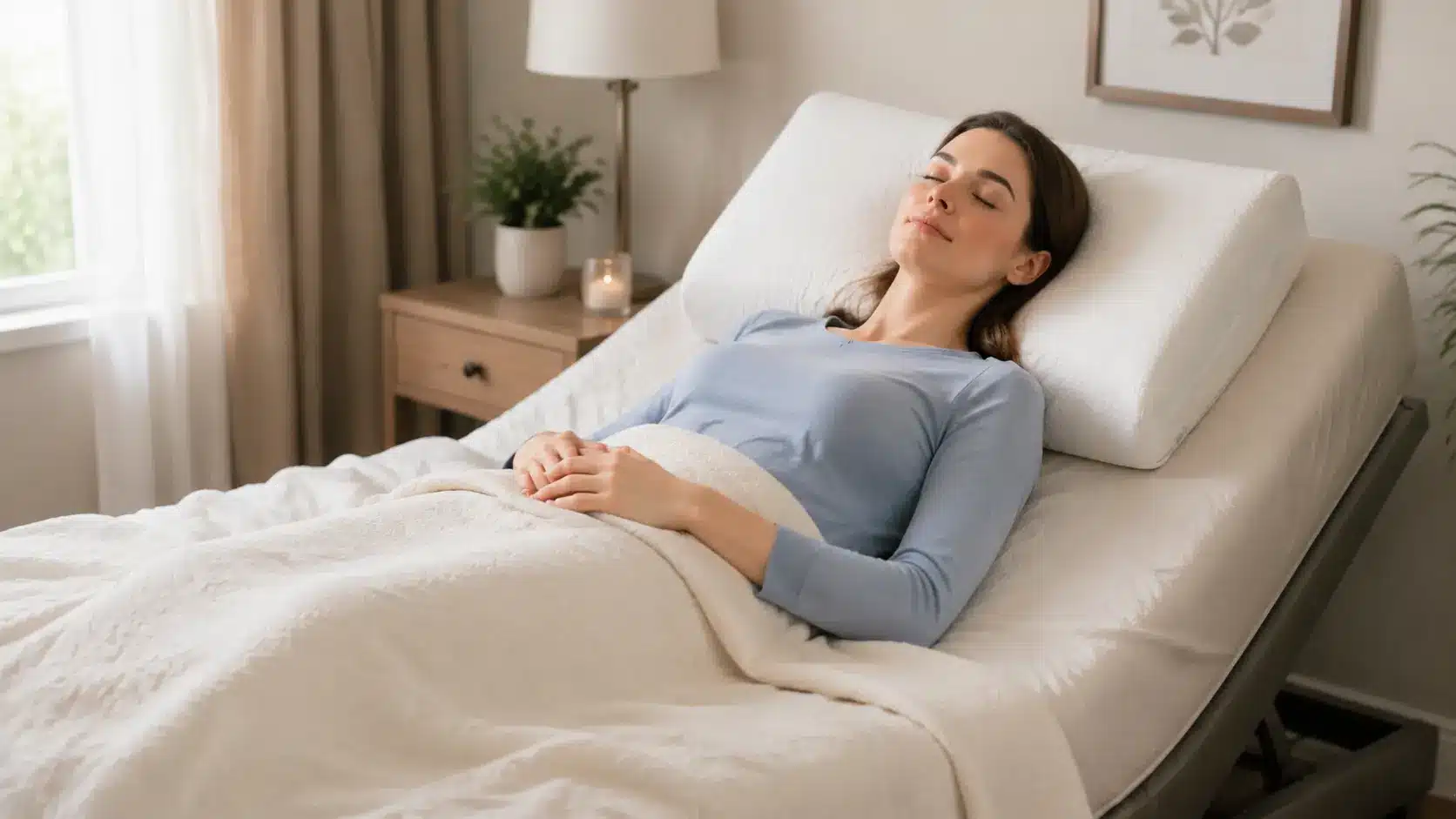 woman lying on her back on bed eyes closed white pillow light bedding comfortable